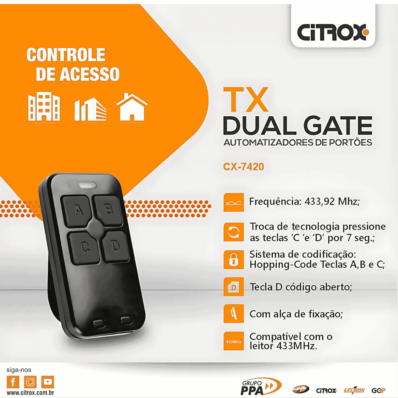 CONTROLE REMOTO DUAL GATE 433MHZ CITROX CX-7421