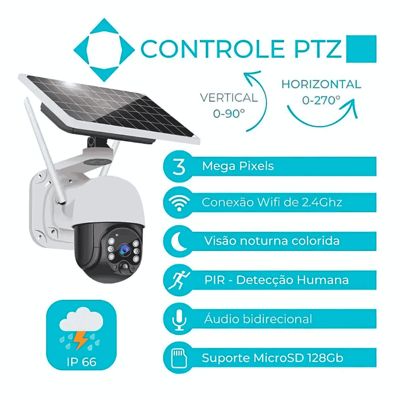 Câmera De Segurança Solar Ip 66 Wi-fi Com Placa Solar Branco